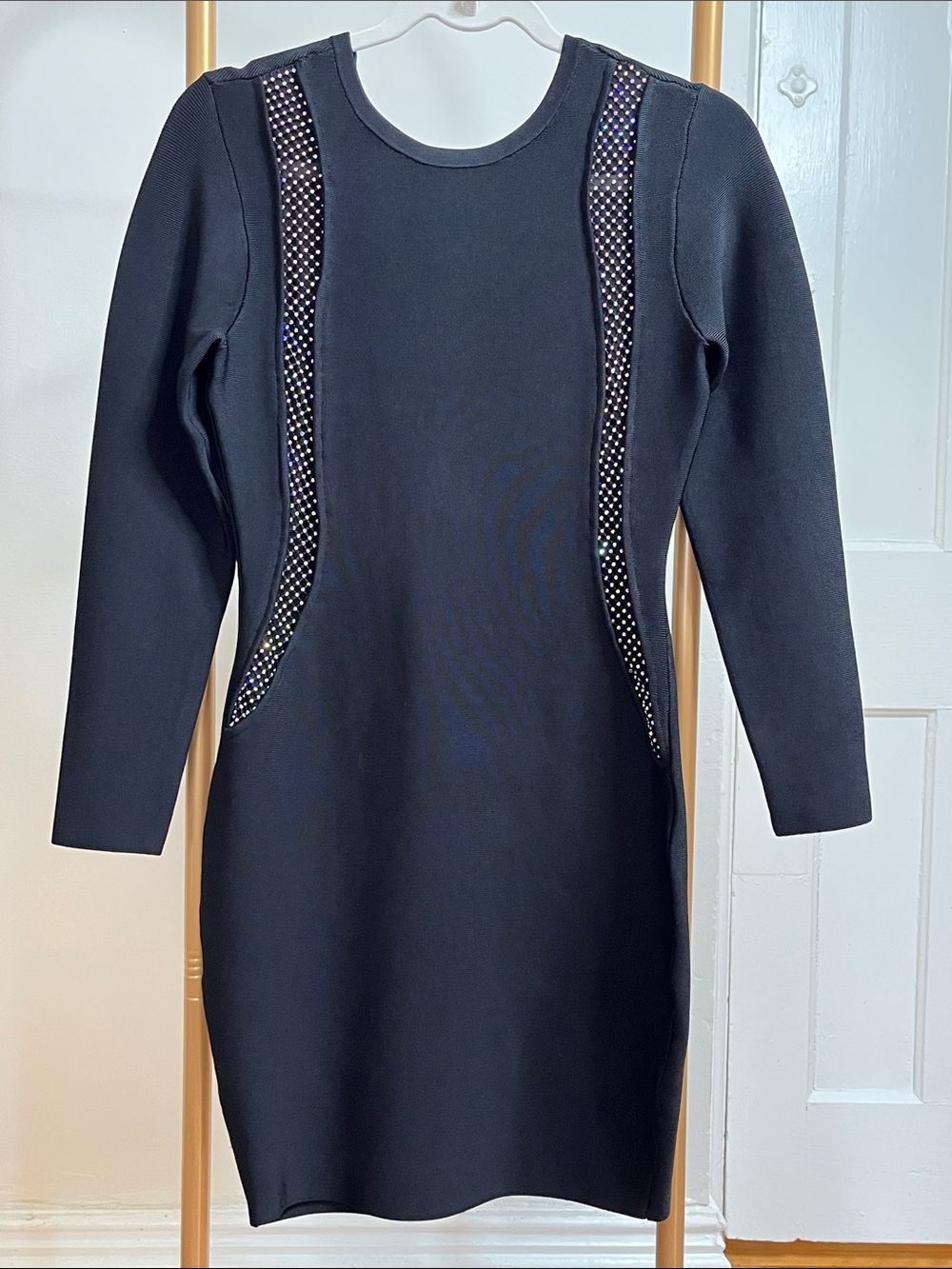 Marciano Black Long Sleeve Bodycon Dress with Rhinestone Accents